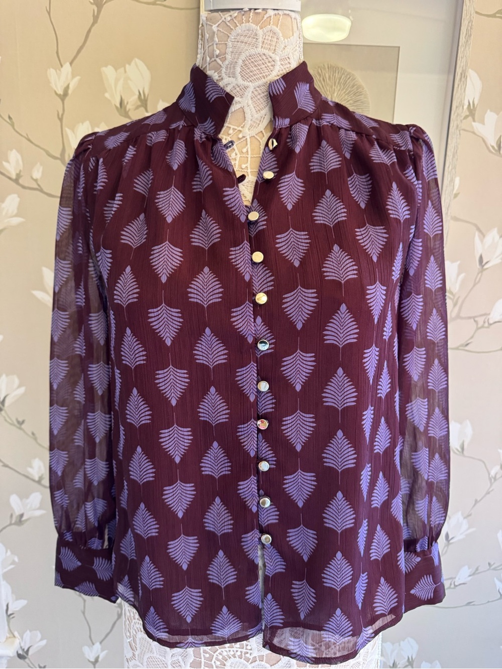 Ann Taylor Plum Purple Patterned Button-Front Blouse
